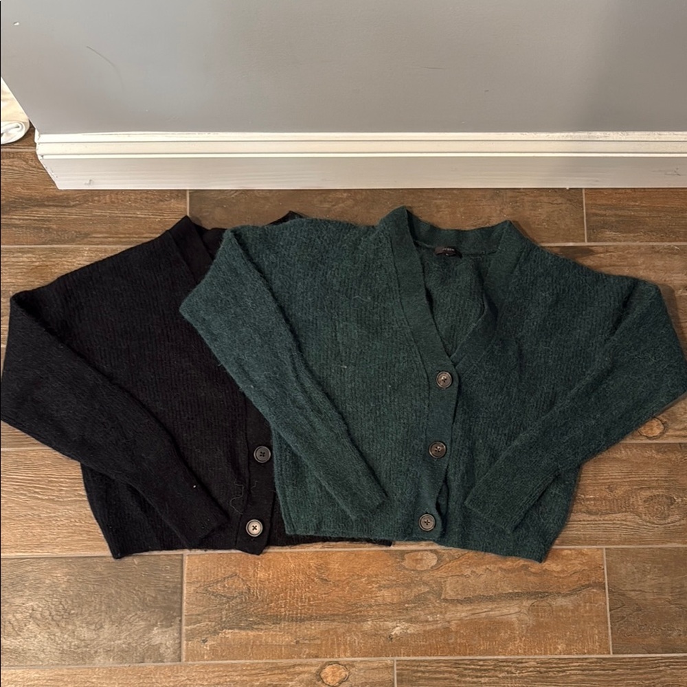 J. Crew Women's Black and Green Cropped Cardigan Sweater size L